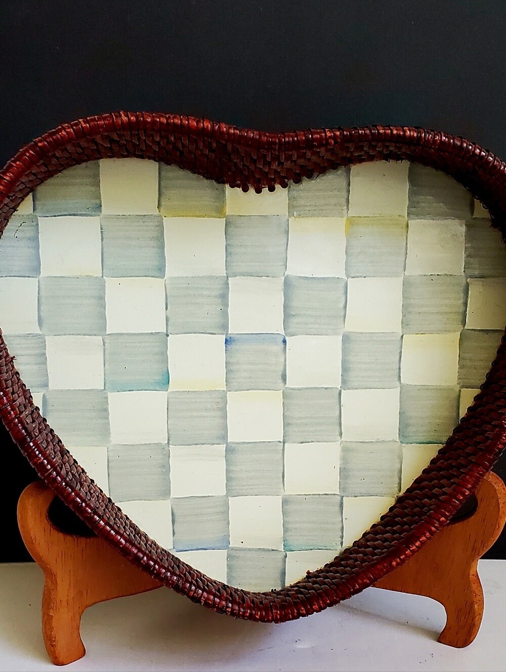 MacKenzie-Childs 8" Woven Rattan Heart Shaped Tray Hand Painted Sterling Check